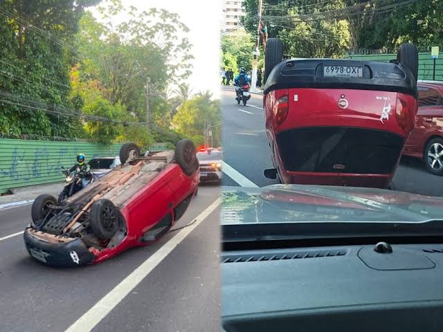 Carro capota na Avenida Constantino Nery e complica trânsito na Zona Centro-Sul de Manaus